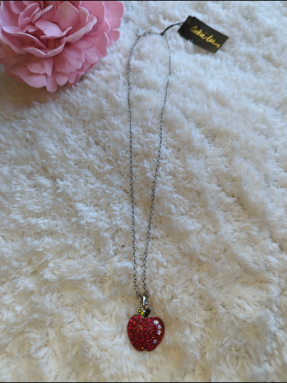 Cookie Lee Sparkling Genuine Crystal Red Apple Pendant Necklace New With Tag